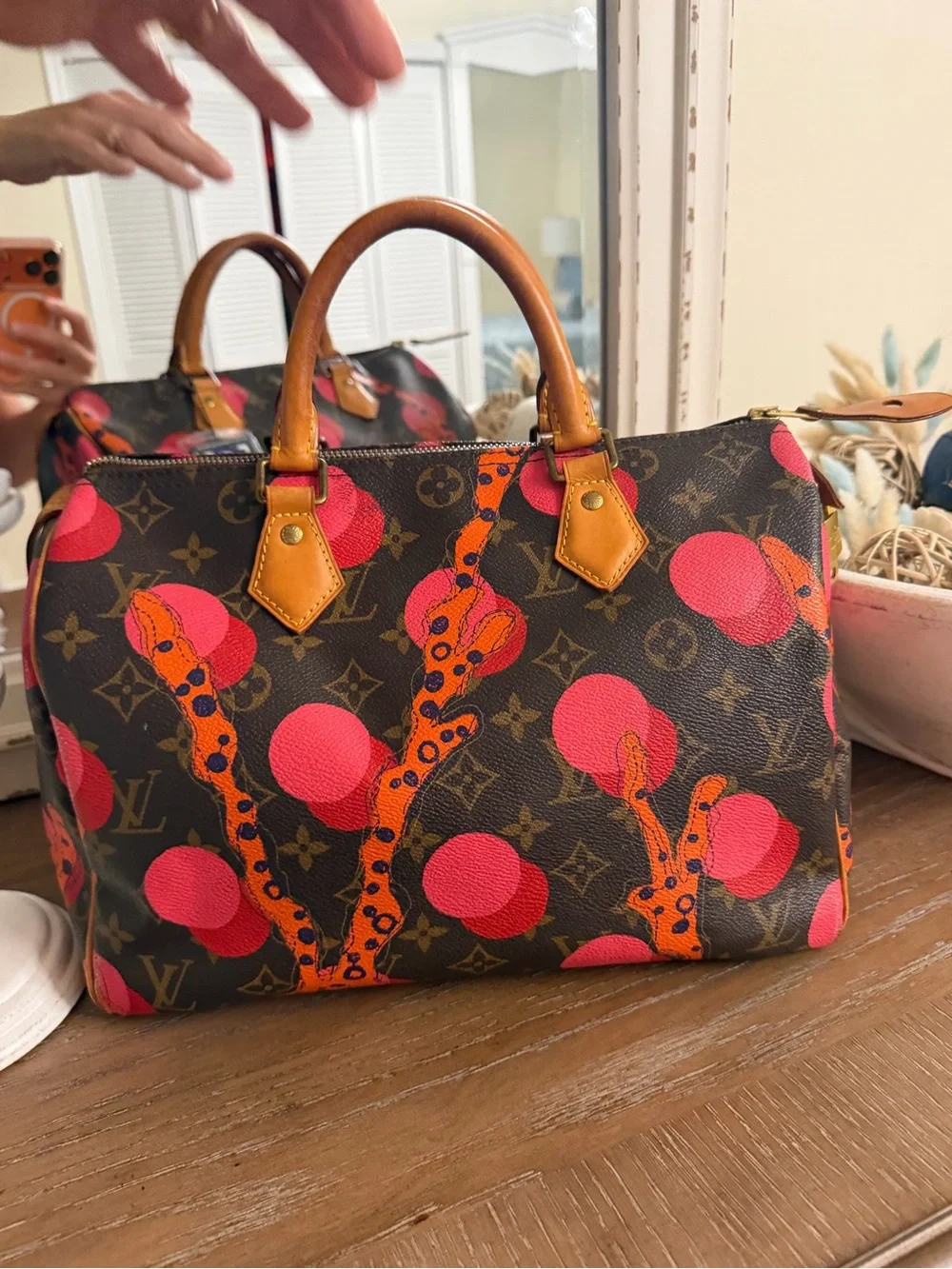 Louis Vuitton Speedy 30  Monogram Satchel with Pink and Orange Graphic Accents